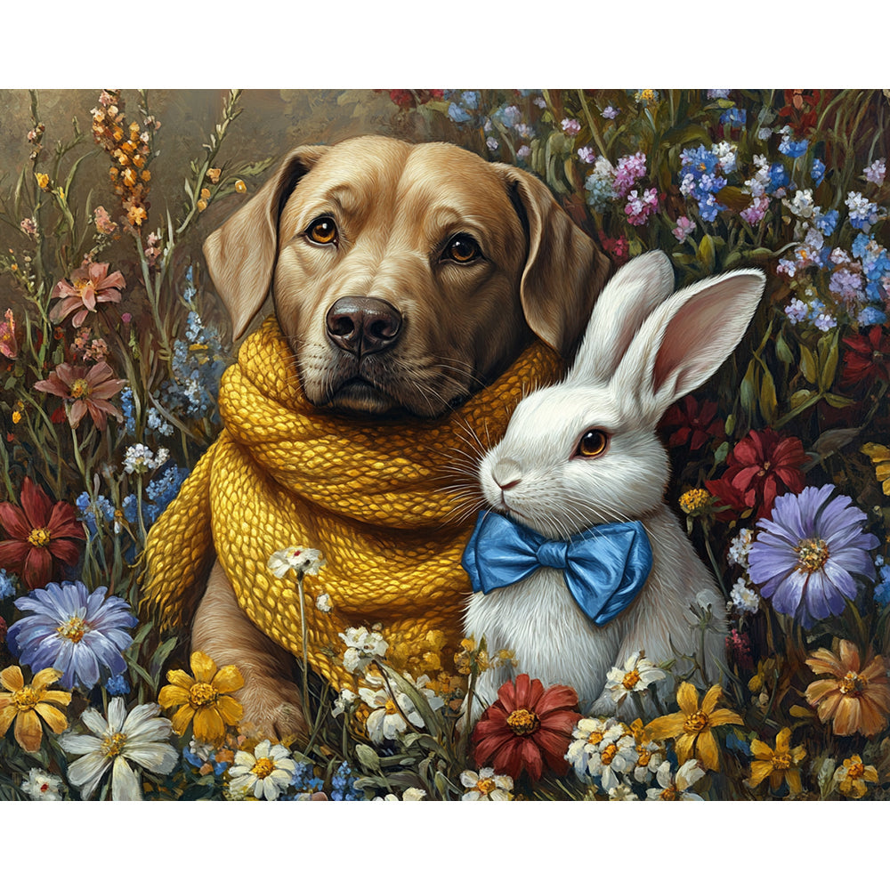 Dog and Rabbit in Flower Painting By Number 2