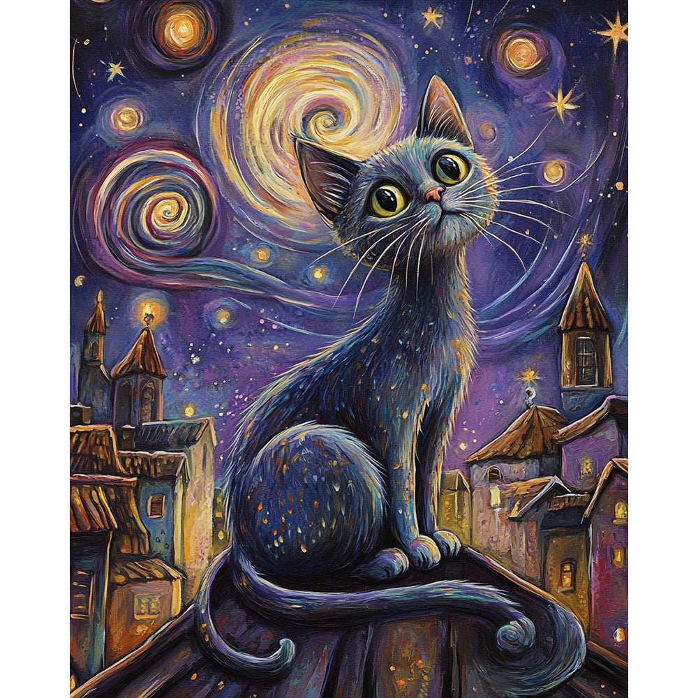 Cat With Van Gogh Stars Painting By Number 2
