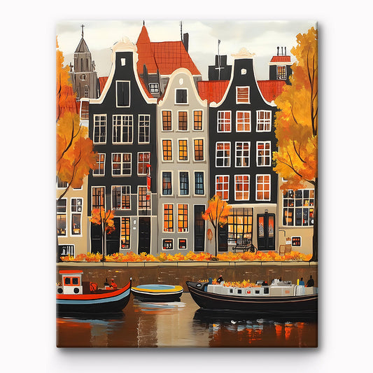 Autumn Canalside European Architecture Painting By Number 1