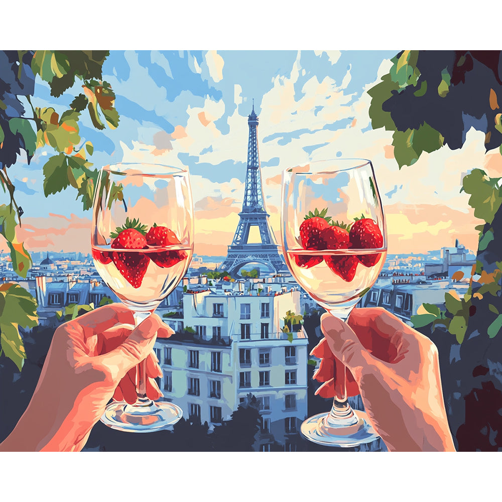 Cheers with Strawberry Drinks outside the Paris Tower Painting By Number 2