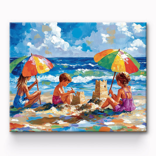 Children having fun building a castle on the beach Painting By Number 1
