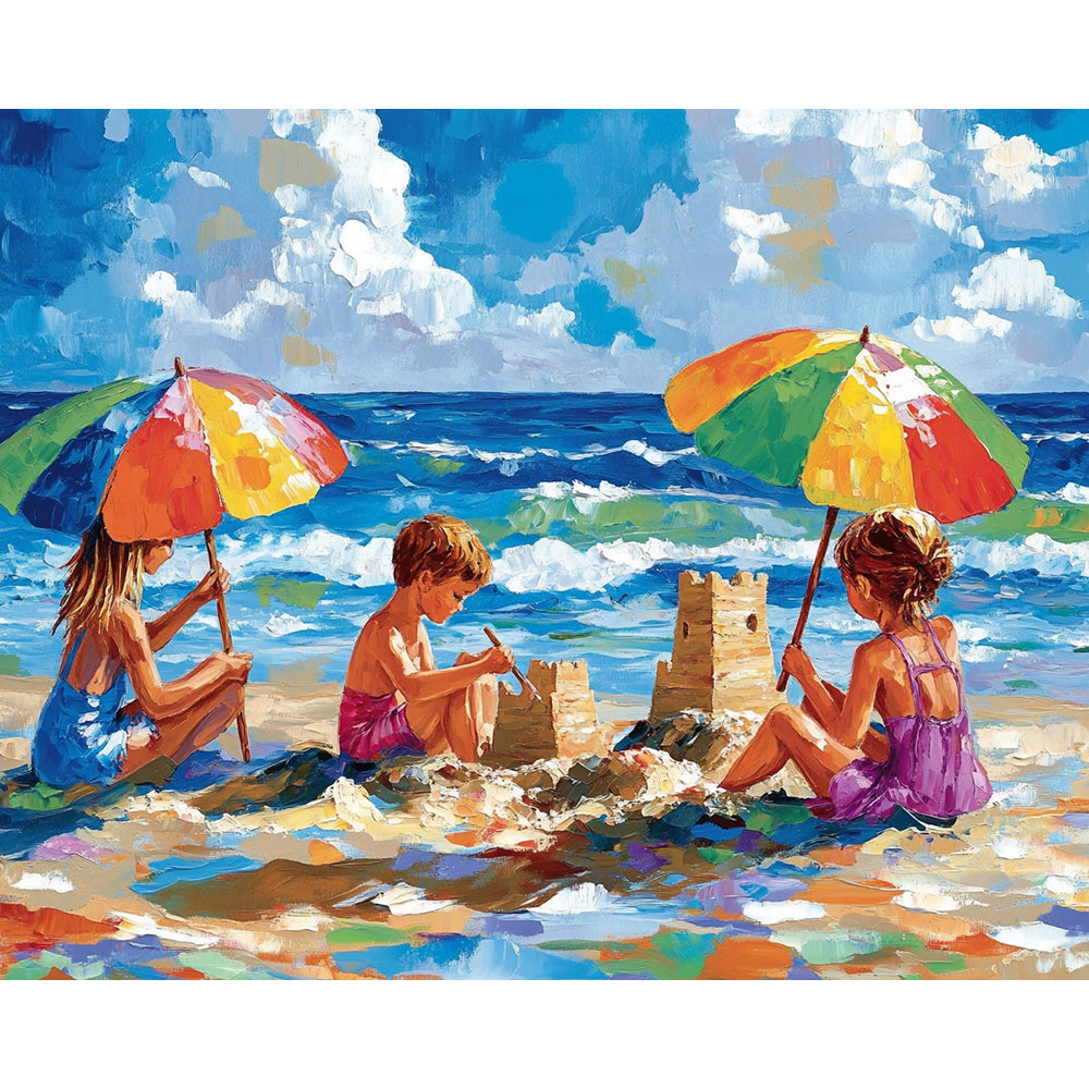Children having fun building a castle on the beach Painting By Number 2