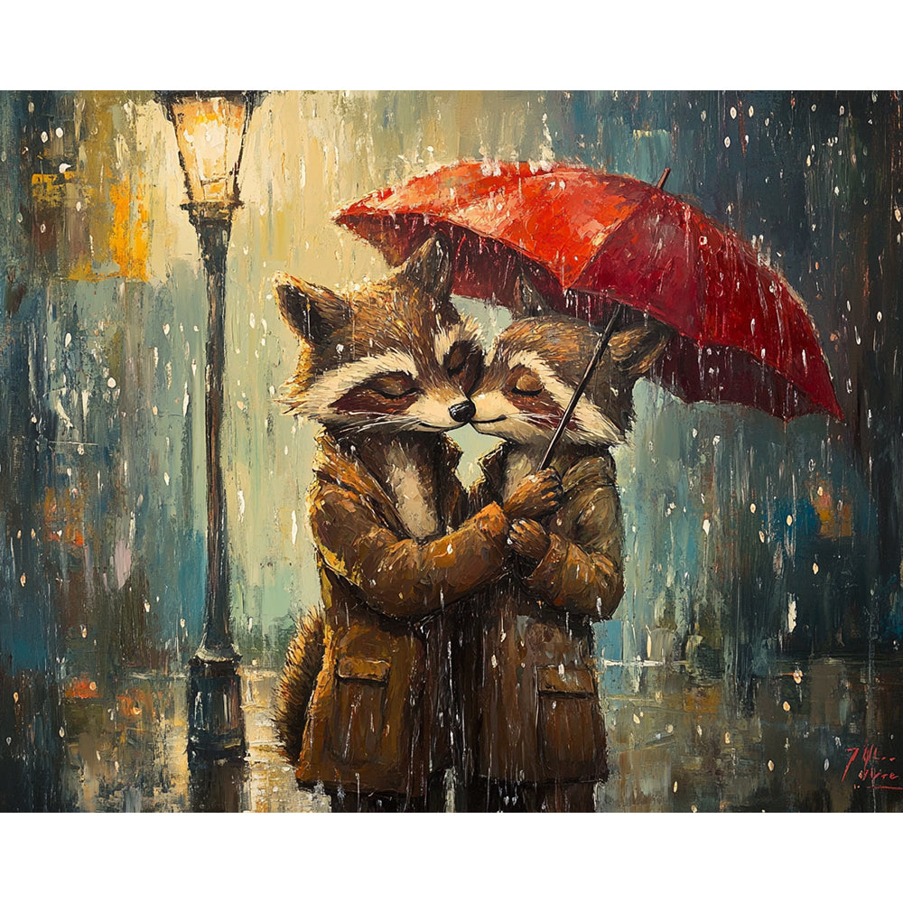 Fox Couple Embracing In The Rain Painting By Number 2