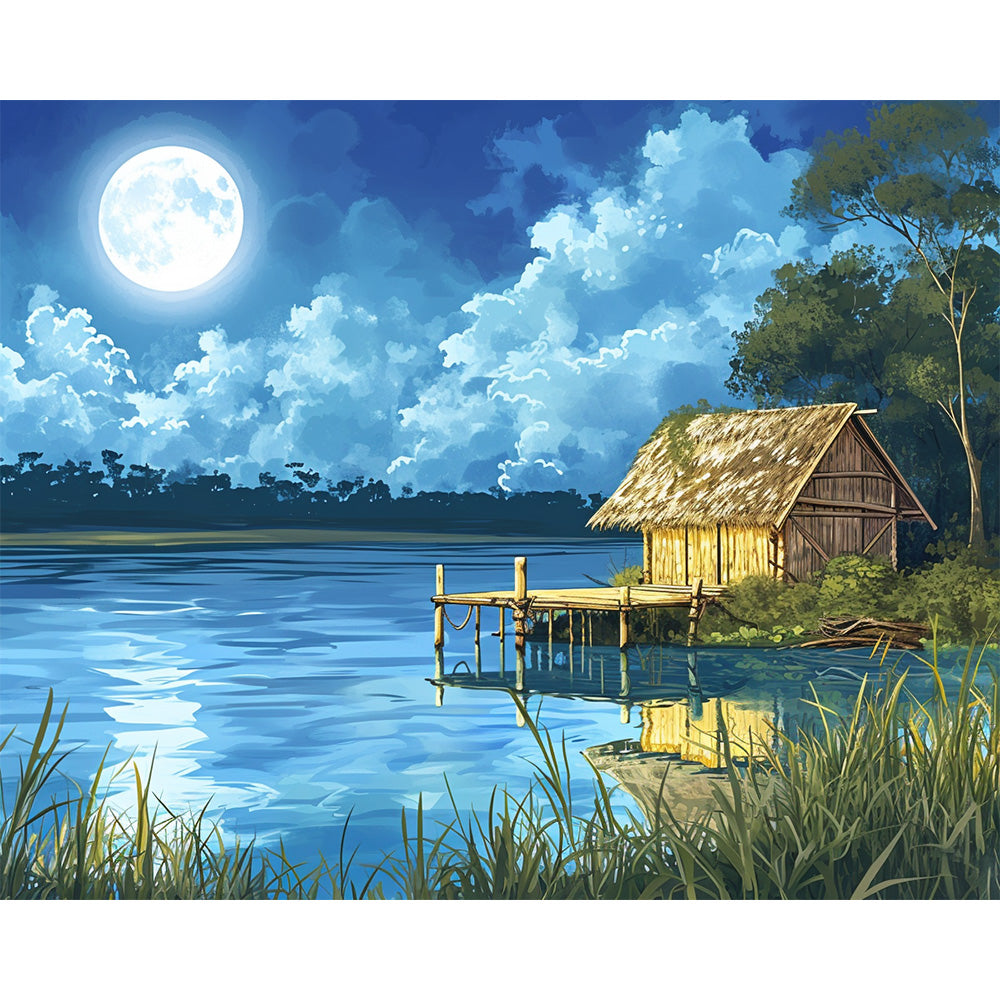 Lakeside Cabin by Moonlight Painting By Number 2